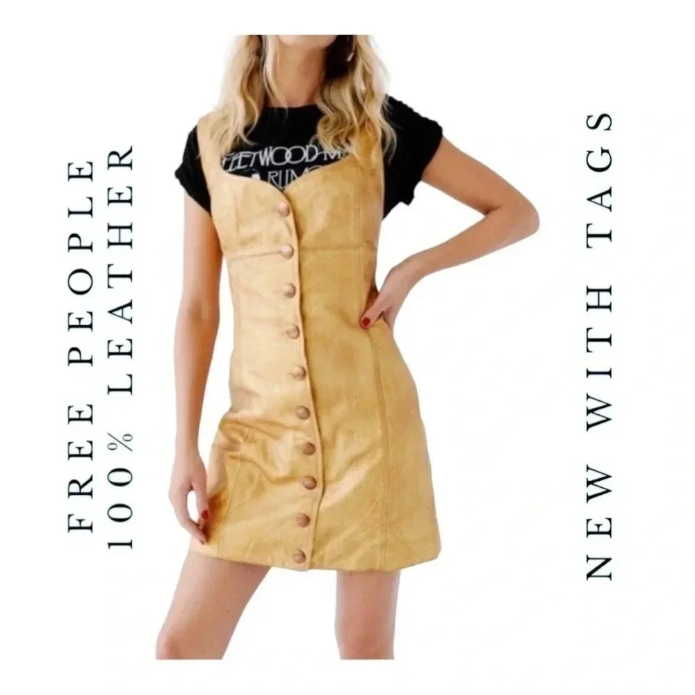 Free PEOPLE 100% LEATHER GOLD DRESS BUTTON UP‎ THICK STRAPS